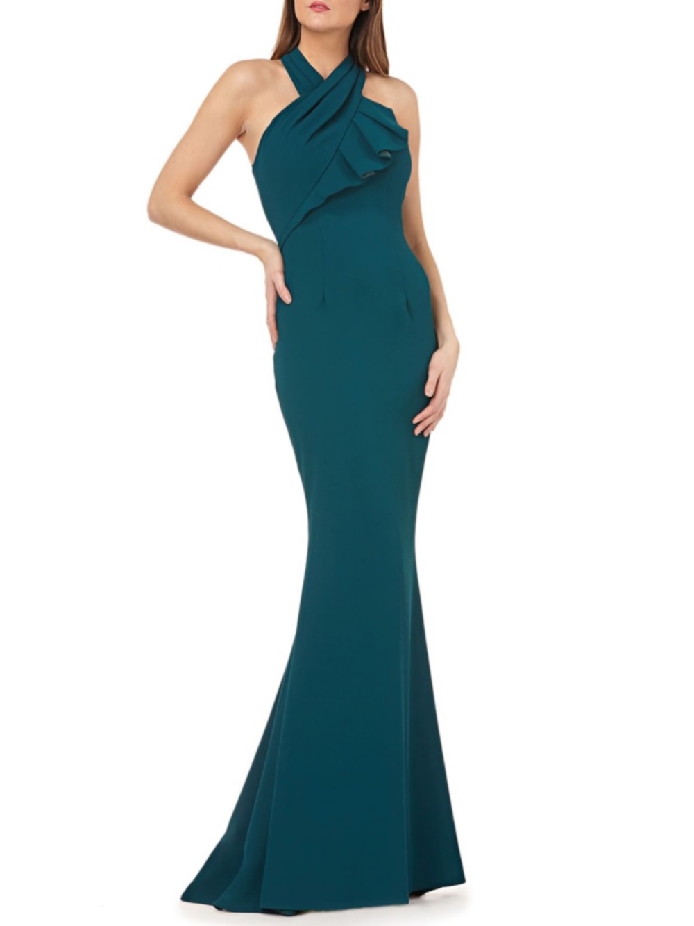 Carmen Marc Valvo Infusion Crepe Ruffle-Trim Halter Gown in Emerald
